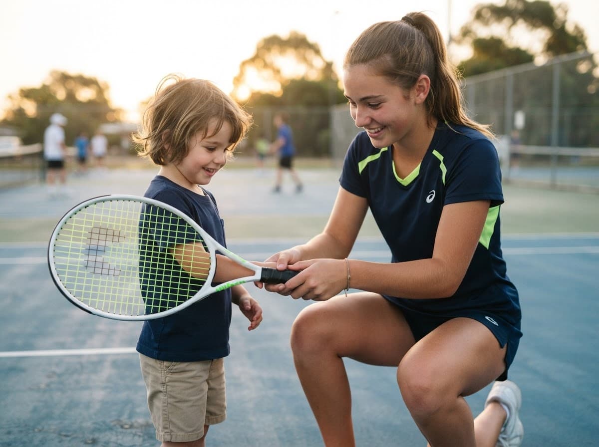 A high-school player helping a young child grip a tennis racquet on the court