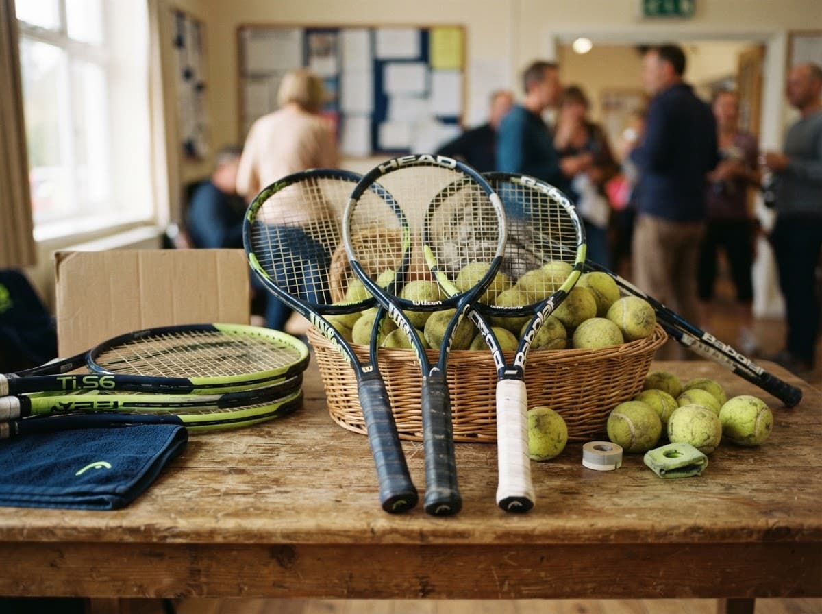 A collection of gently used tennis racquets and tennis balls
